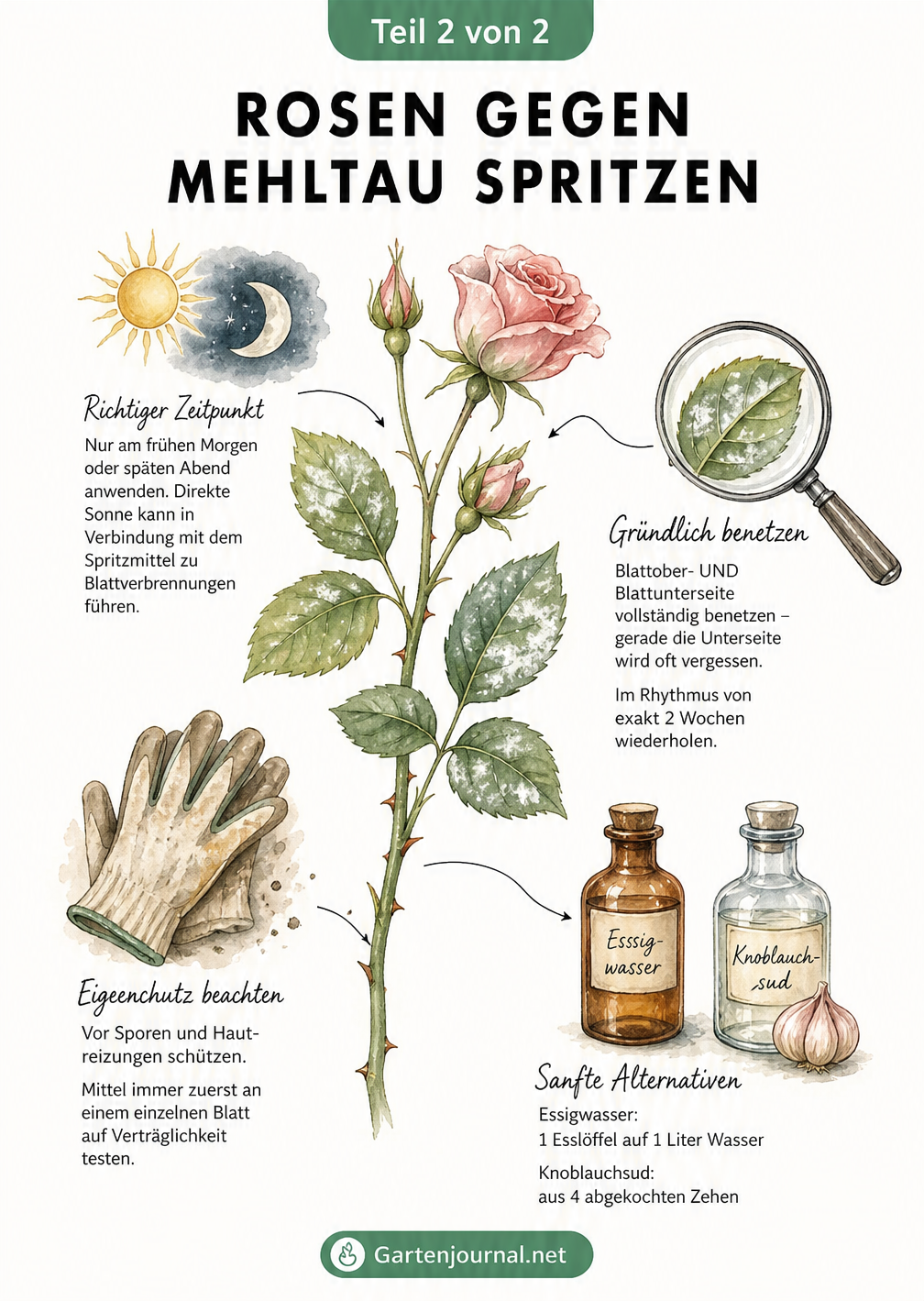 Aquarell-Illustration eines Rosenzweigs mit Hinweisen zur richtigen Anwendung von Spritzmitteln gegen Mehltau