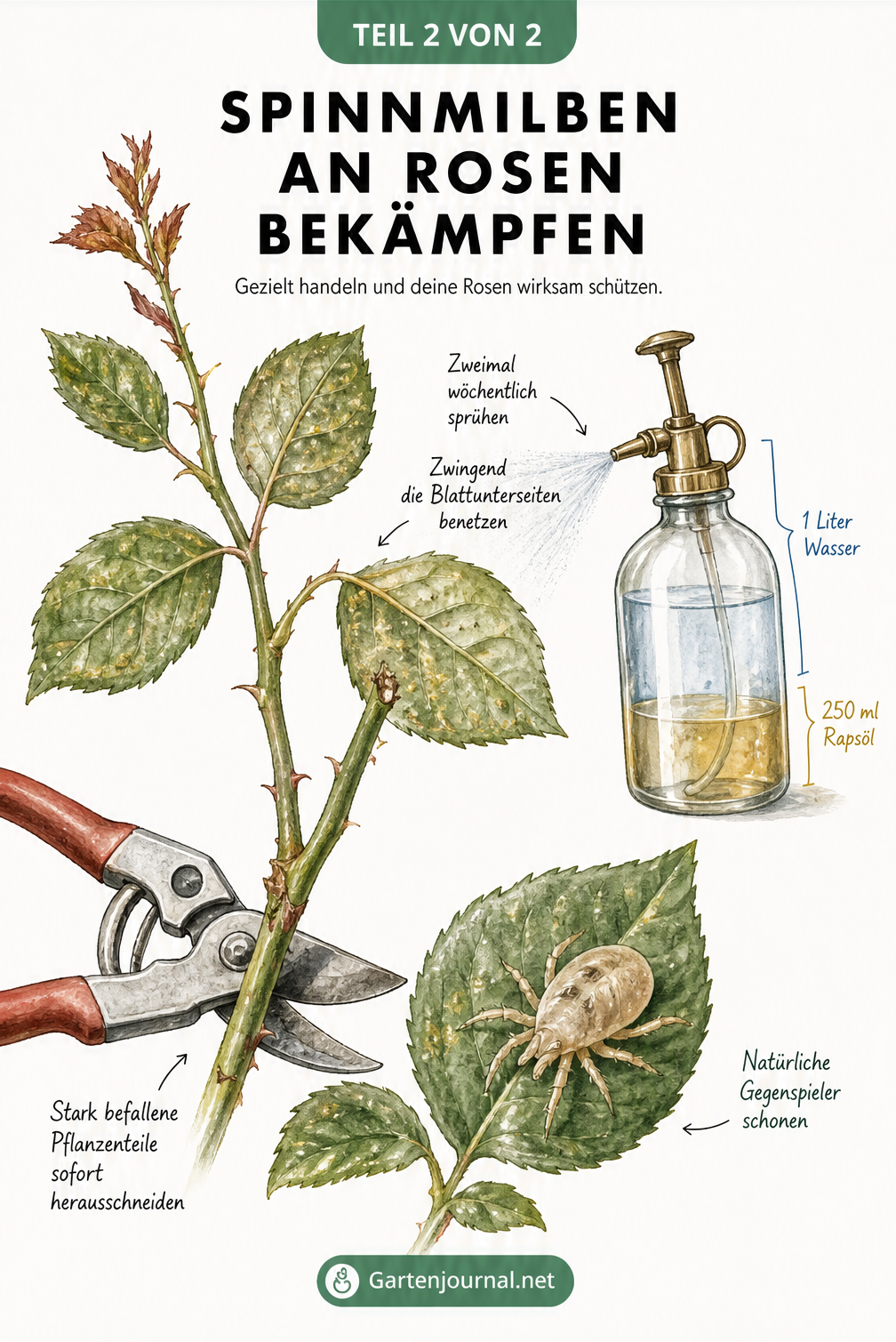 Nahaufnahme eines Rosenzweigs, die das Herausschneiden befallener Triebe und das Besprühen mit einer Rapsöl-Wasser-Mischung zeigt