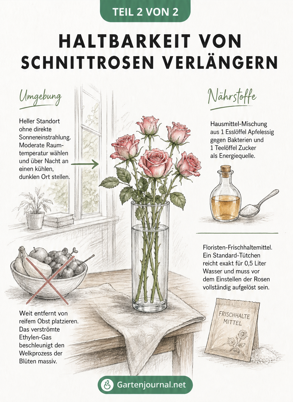 Skizze eines Raumes mit einer Rosenvase, die den idealen Standort ohne direkte Sonne und fern von Obst zeigt, sowie Hausmittel für das Vasenwasser