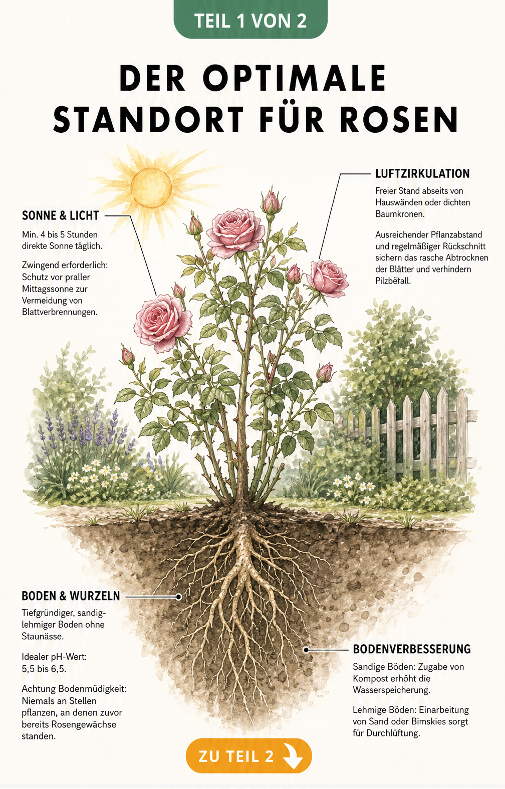 Botanische Illustration eines Rosenstrauchs mit Wurzelwerk und Hinweisen zu Licht, Luftzirkulation und Boden