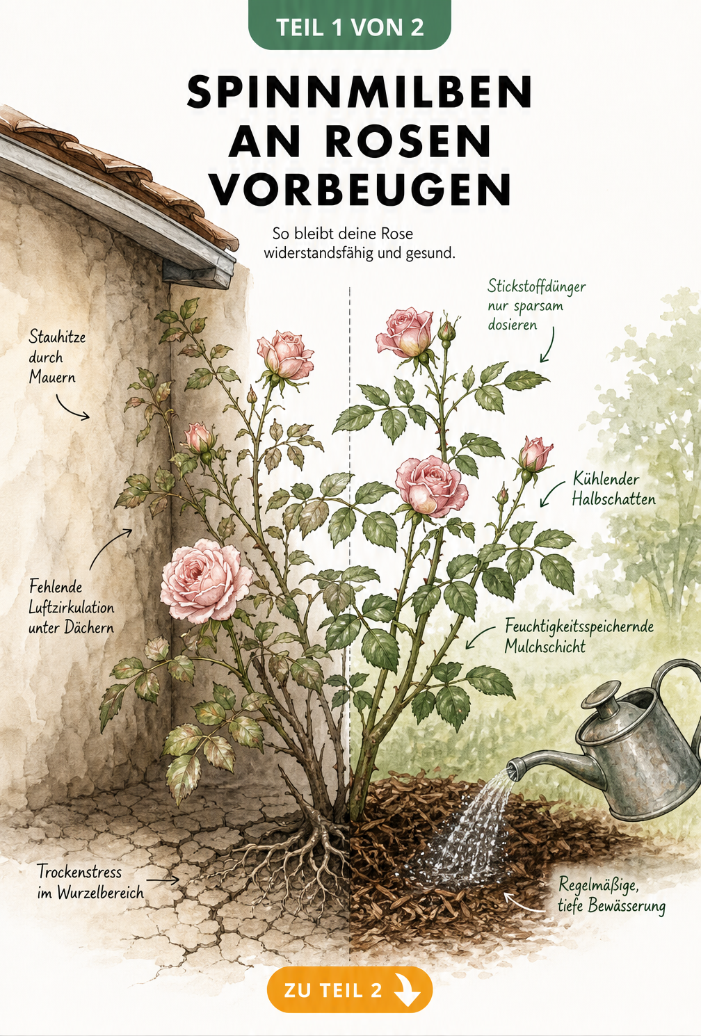 Illustration eines Rosenstrauchs im Querschnitt, der die Auswirkungen von Standort und Pflege auf Spinnmilbenbefall zeigt