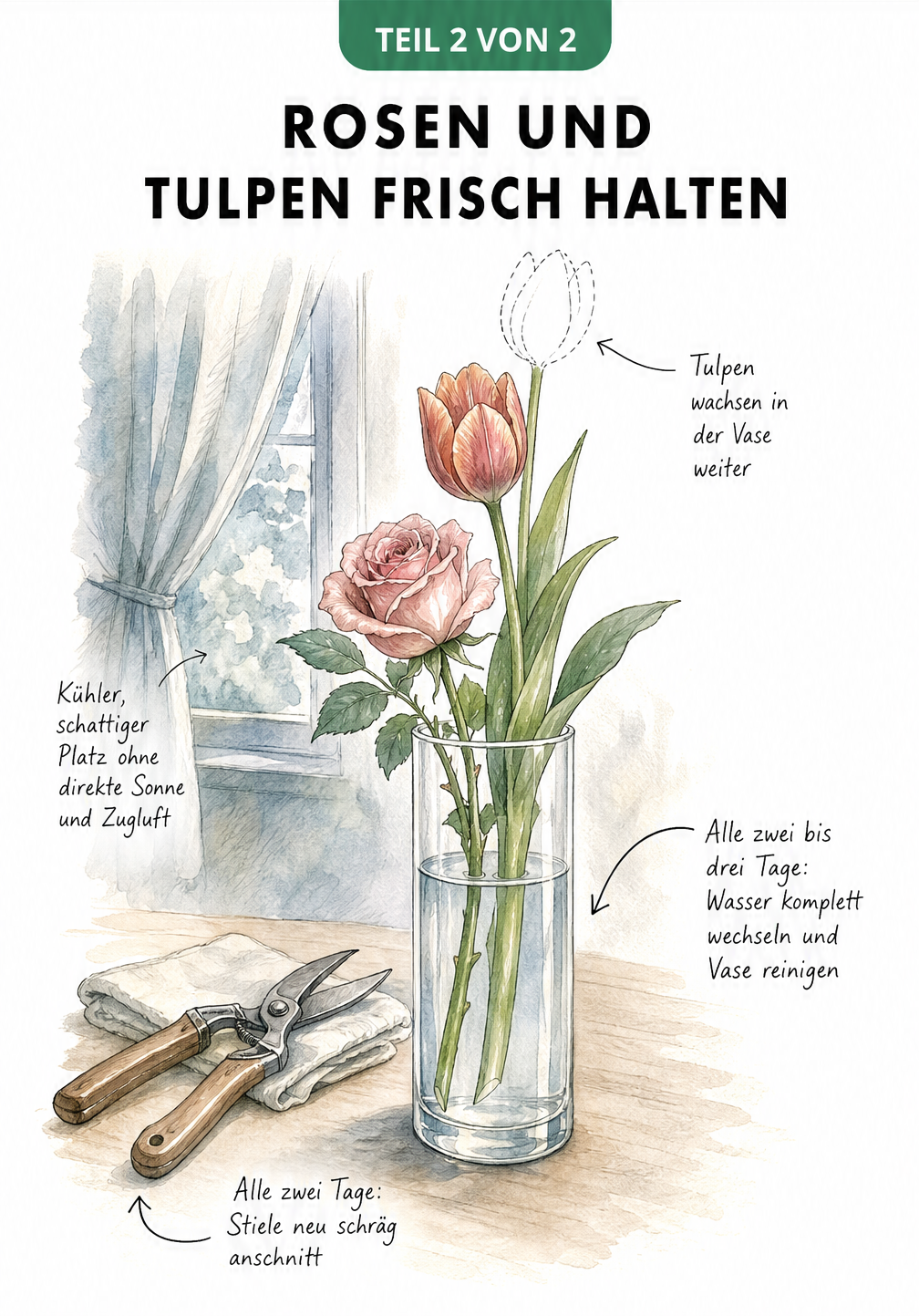 Aquarell-Skizze eines Blumenarrangements auf einem Tisch, die den kühlen Standort und den Pflegezyklus mit Wasserwechsel und Anschnitt illustriert.