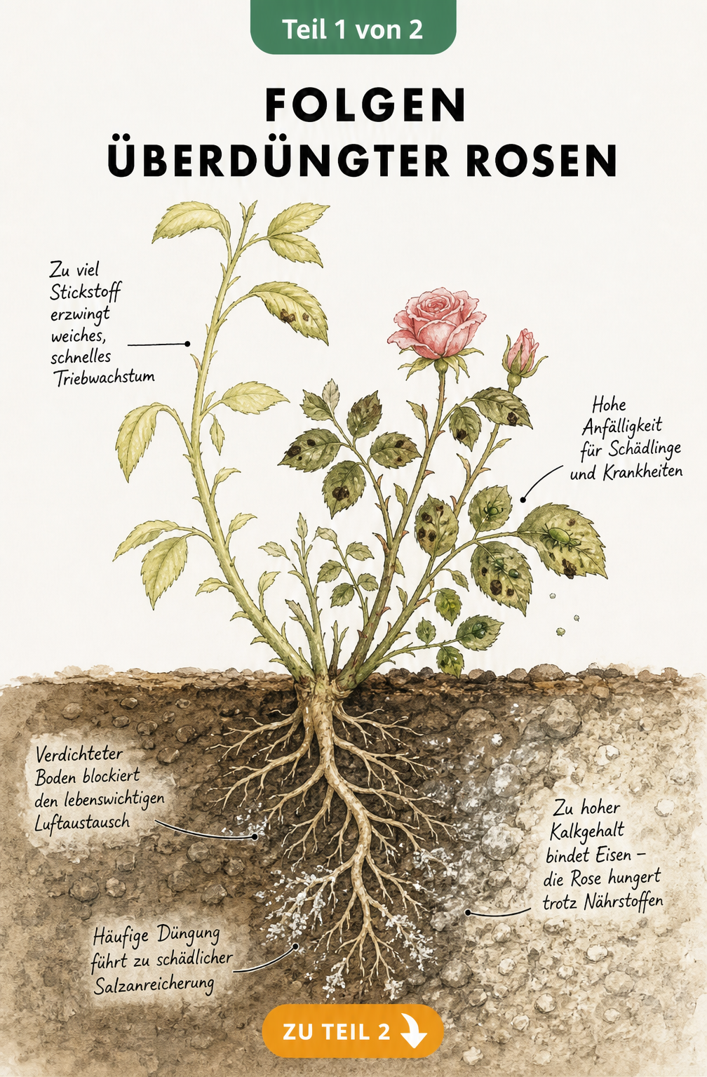 Botanische Illustration einer überdüngten Rose mit weichem Trieb, Blattläusen und verdichtetem Boden