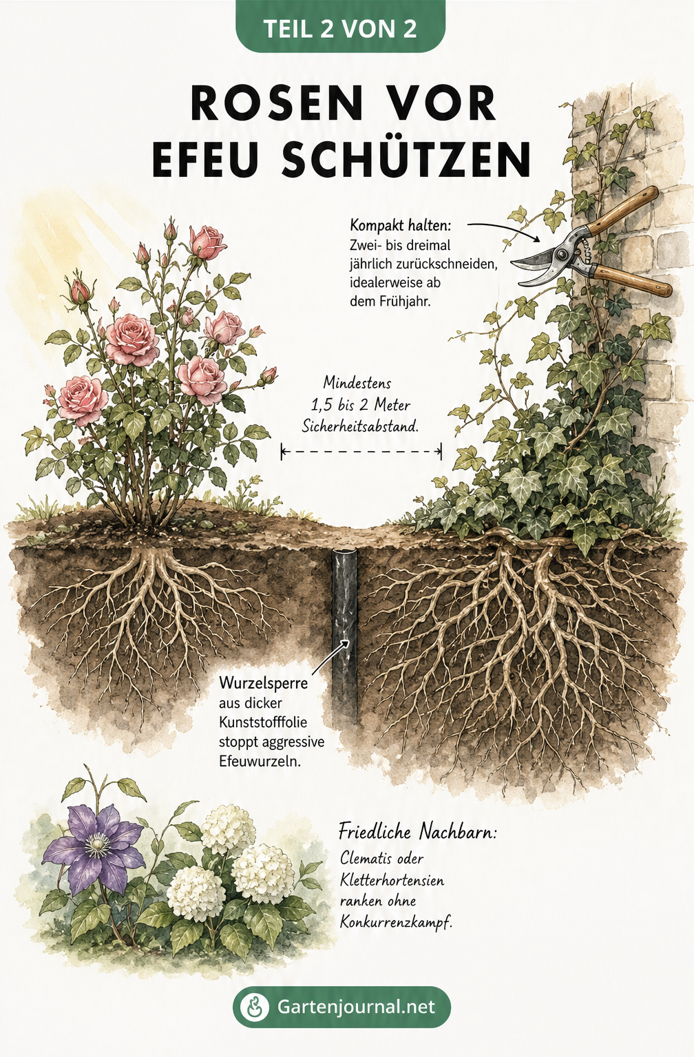 Gartenplan-Querschnitt zeigt die räumliche Trennung von Rose und Efeu durch eine Wurzelsperre und Sicherheitsabstand