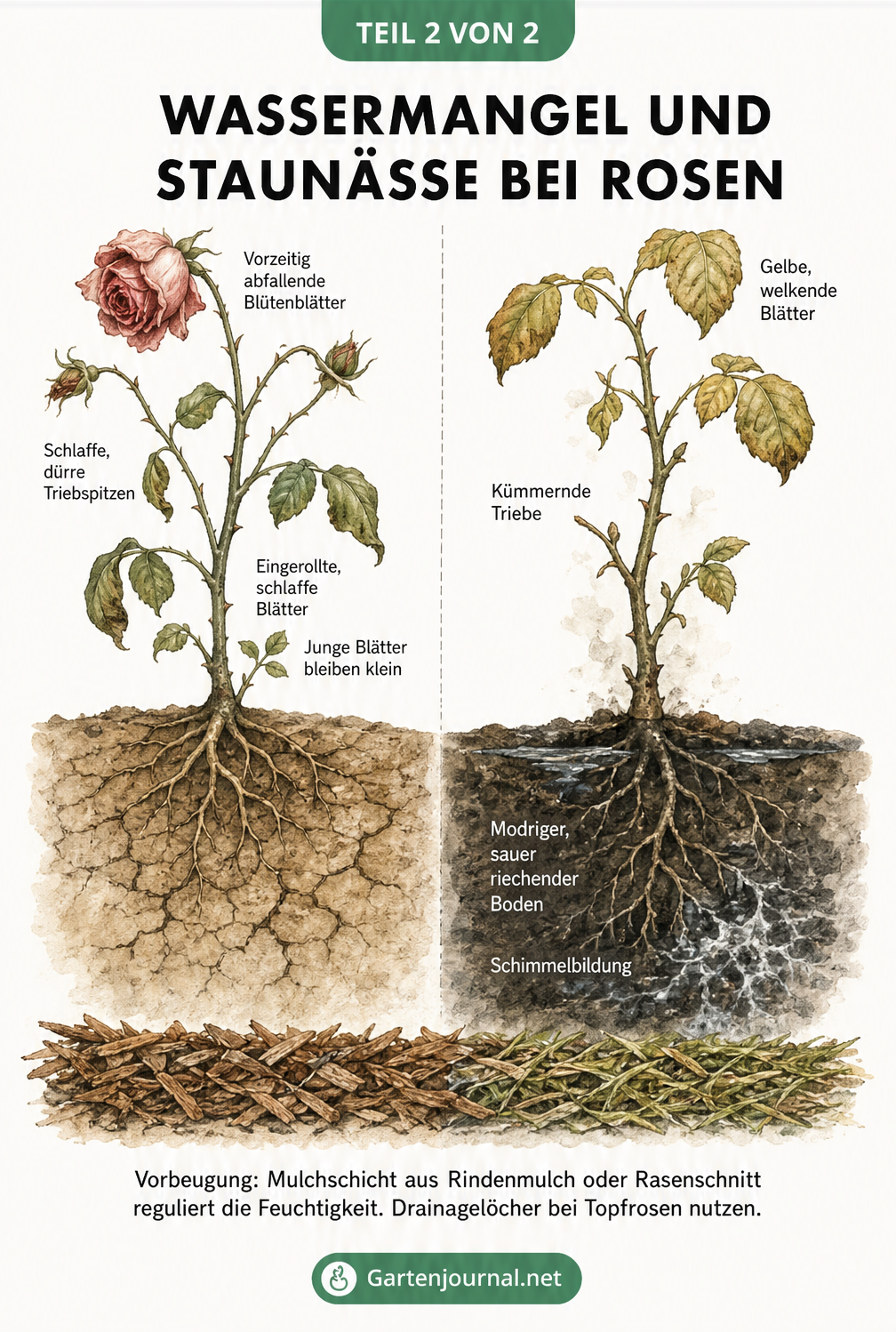 Gegenüberstellung von Rosenzweigen mit Symptomen von Wassermangel und Staunässe sowie Tipps zur Vorbeugung durch Mulch
