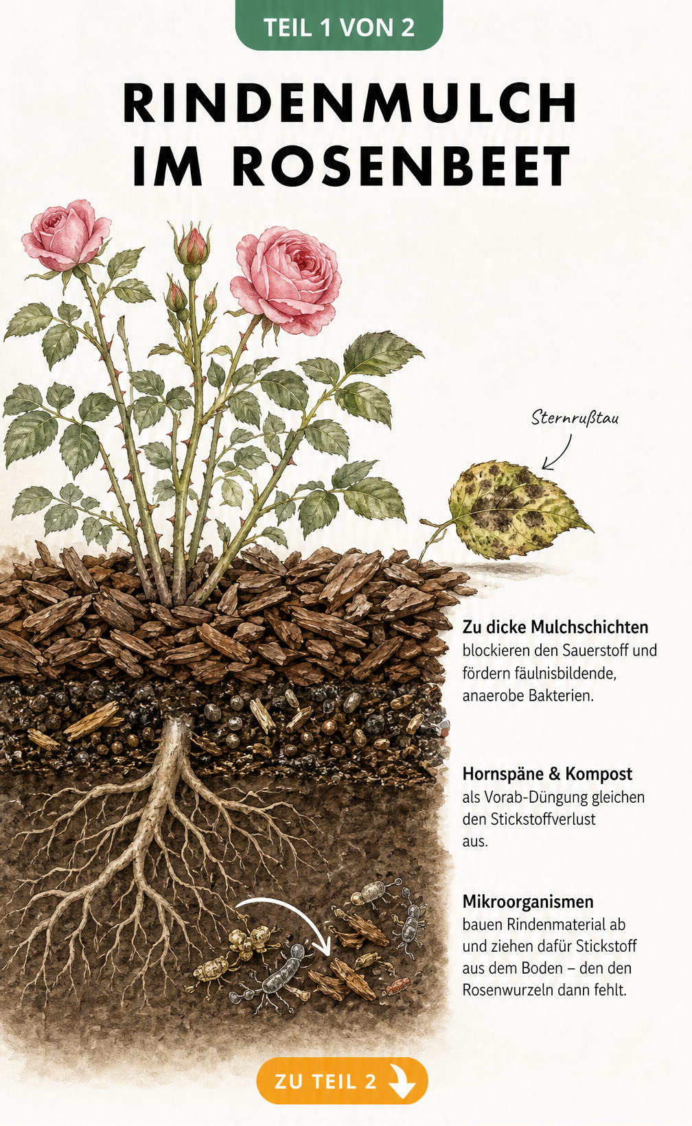 Querschnitt eines Rosenbeets mit Rindenmulch, Hornspänen und Mikroorganismen im Boden