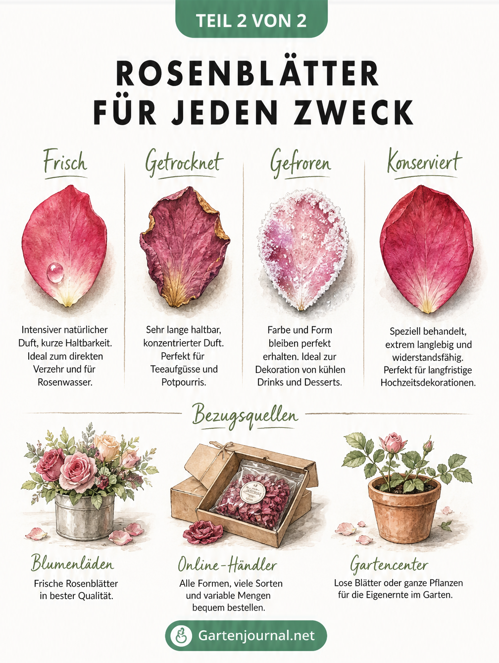 Vergleich von frischen, getrockneten, gefrorenen und konservierten Rosenblättern
