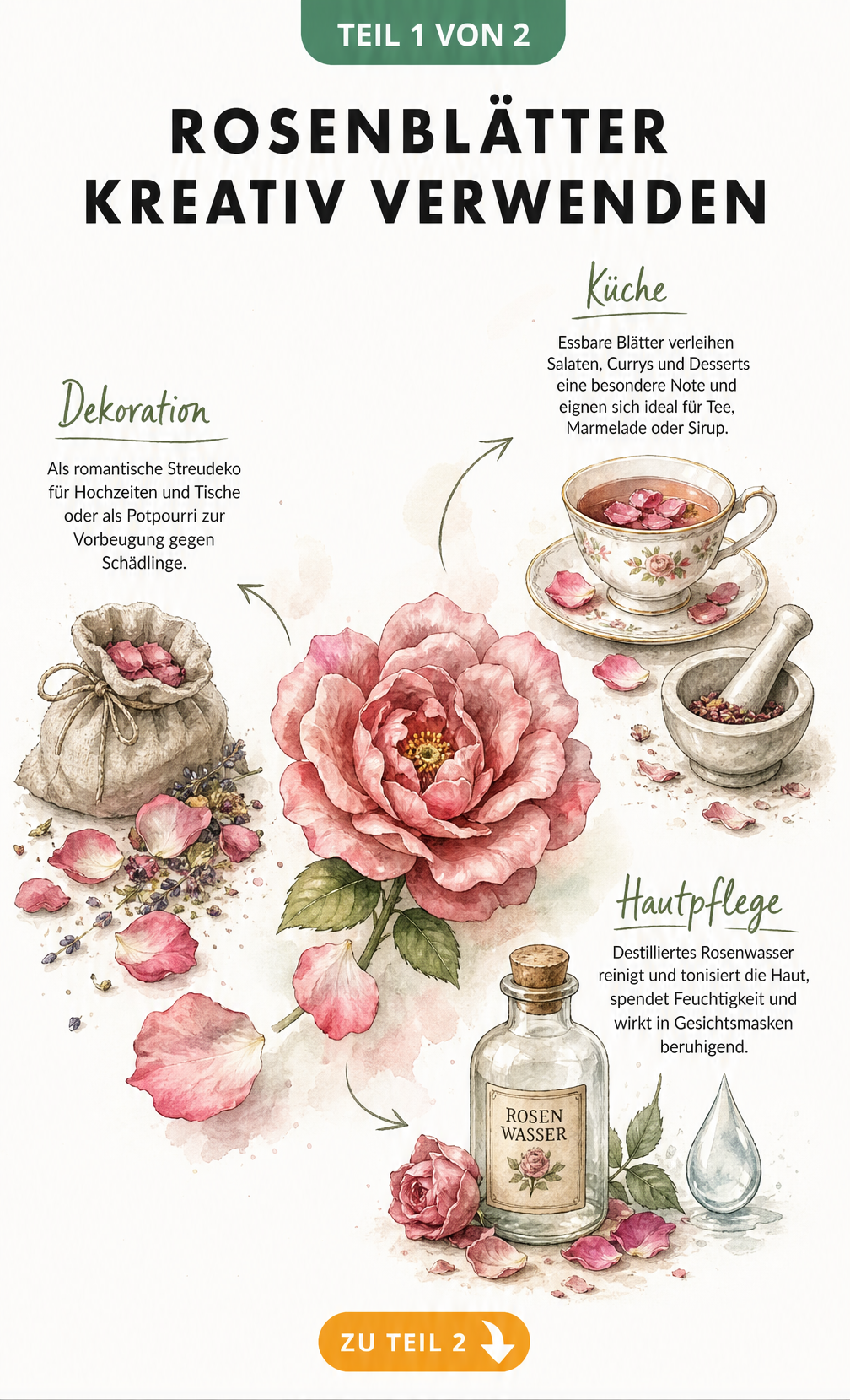 Illustration von Rosenblättern und deren Verwendung in Küche, Hautpflege und Dekoration