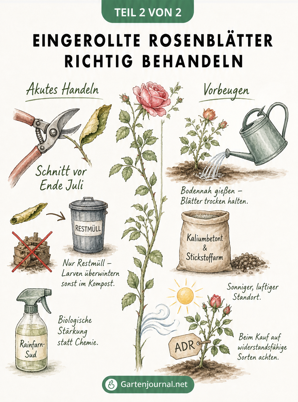 Skizze zur Behandlung von eingerollten Rosenblättern: Eine Gartenschere schneidet ein befallenes Blatt ab, das in den Restmüll wandert. Daneben Tipps zur...
