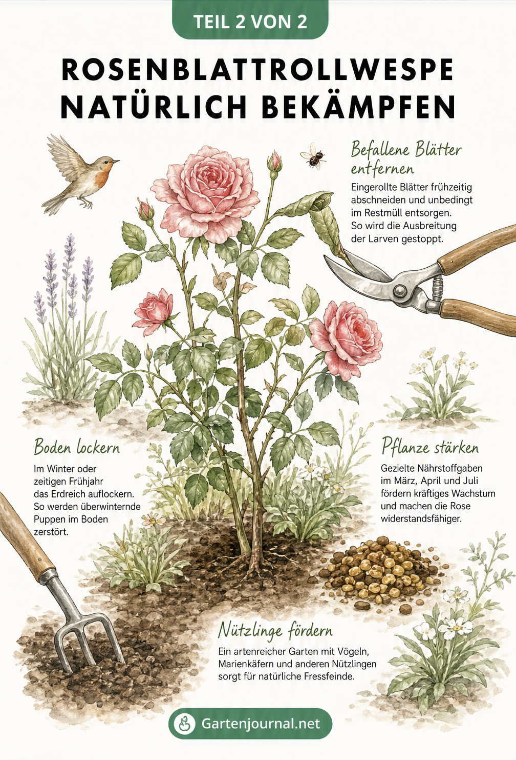 Illustration zur natürlichen Bekämpfung der Rosenblattrollwespe durch Blätter abschneiden, Bodenbearbeitung und Düngung