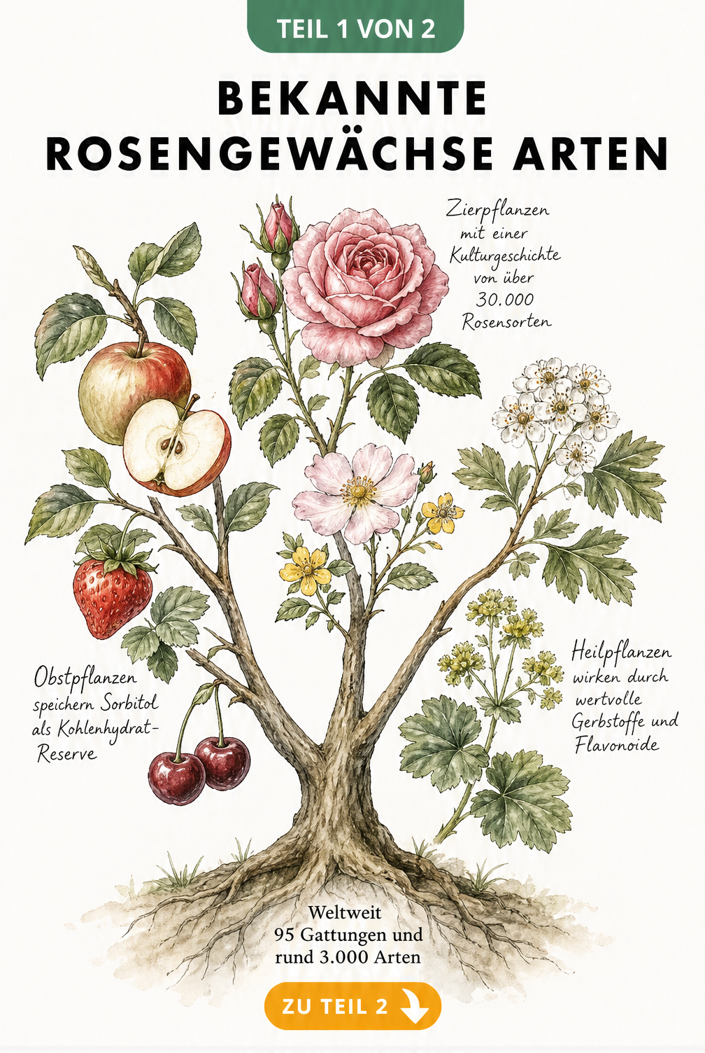 Botanische Illustration der Rosengewächse mit Obstpflanzen, Zierpflanzen und Heilpflanzen