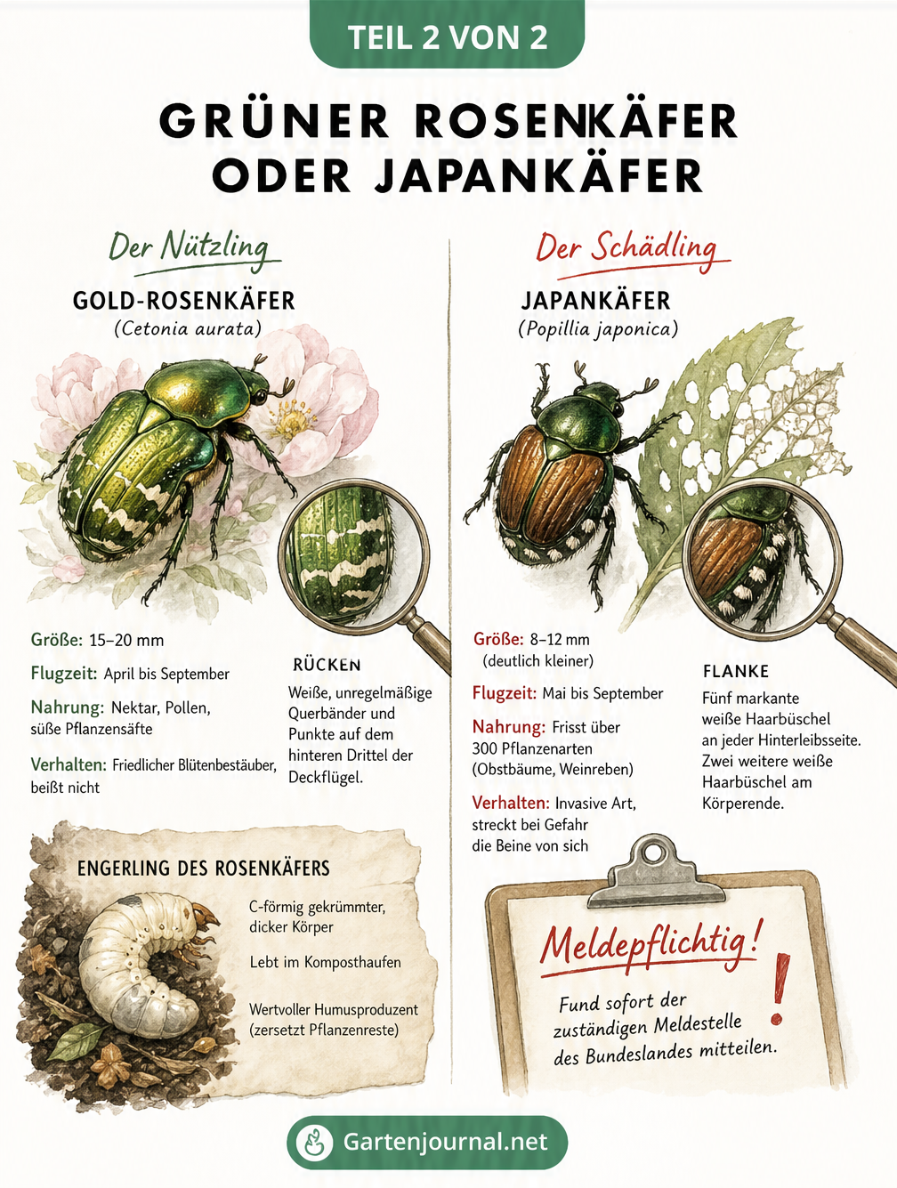 Gegenüberstellung von heimischem Rosenkäfer und invasivem Japankäfer mit Unterscheidungsmerkmalen