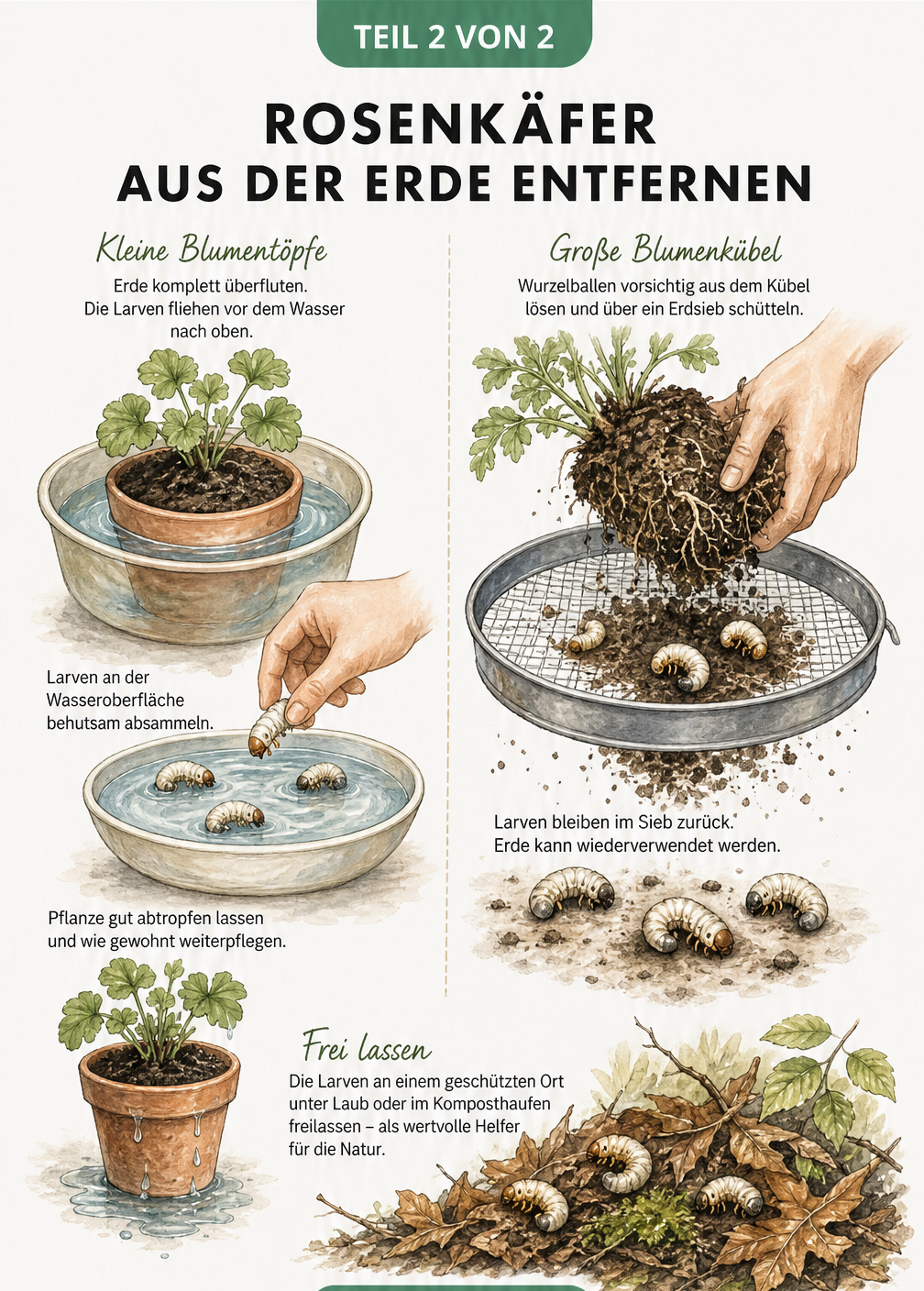 Aquarell-Illustration zur Umsiedlung von Rosenkäfer-Larven durch Fluten von Blumentöpfen und Sieben von Blumenkübeln