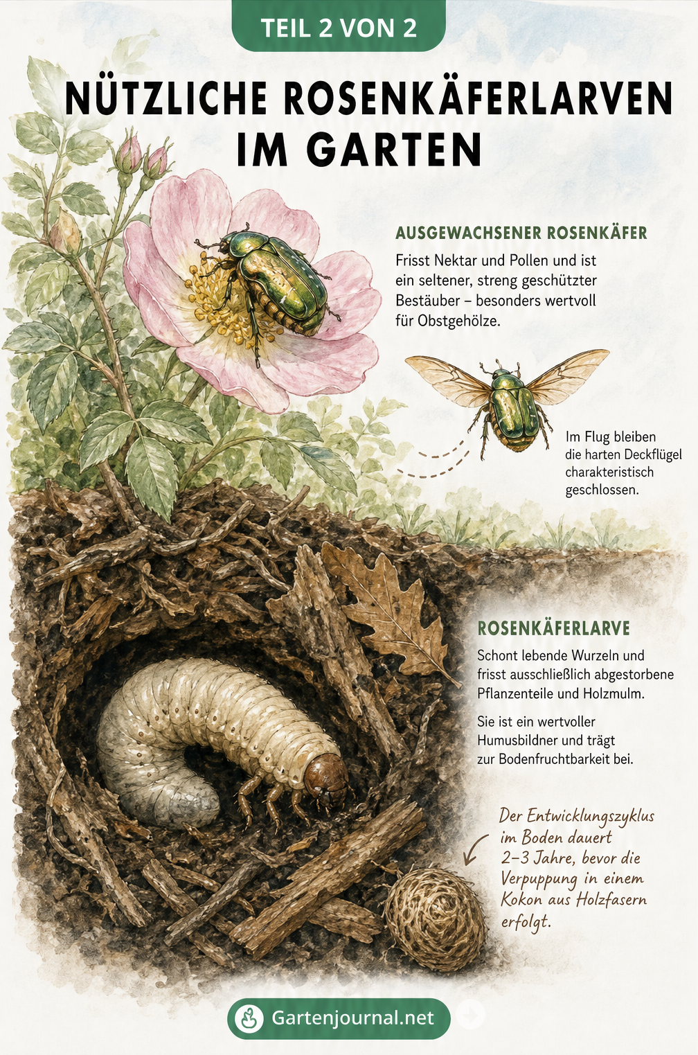 Querschnitt eines Gartens mit Rosenkäferlarve im Kompost und ausgewachsenem Rosenkäfer auf einer Blüte
