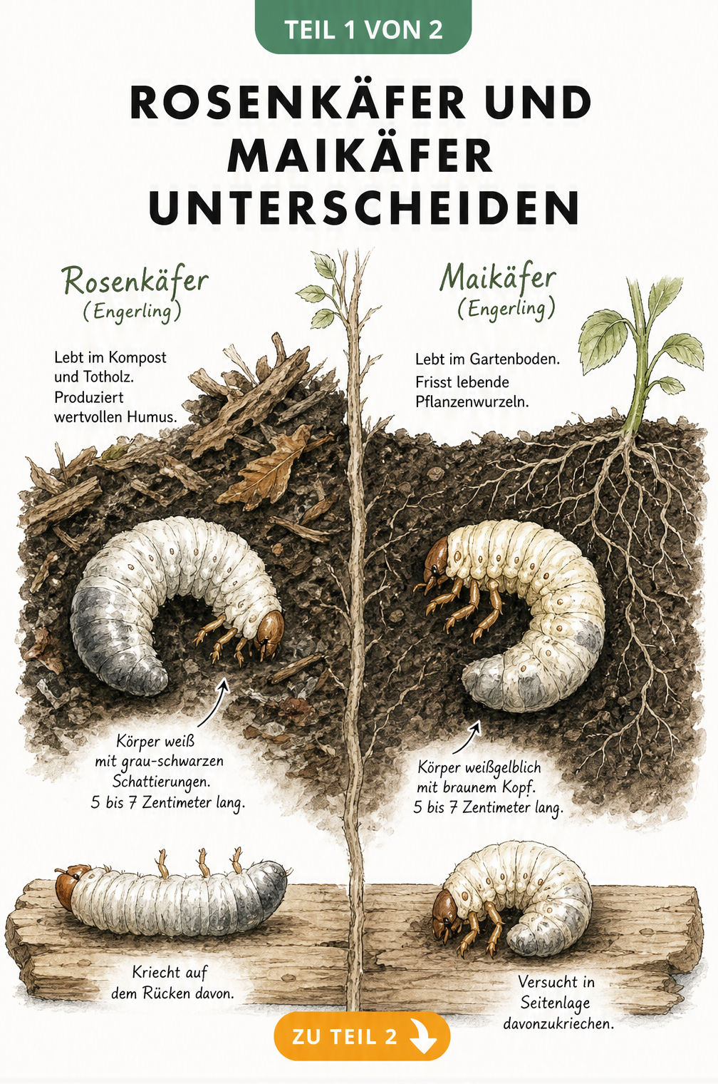 Gegenüberstellung der Engerlinge von Rosenkäfer und Maikäfer mit ihren Merkmalen und Fortbewegungsarten