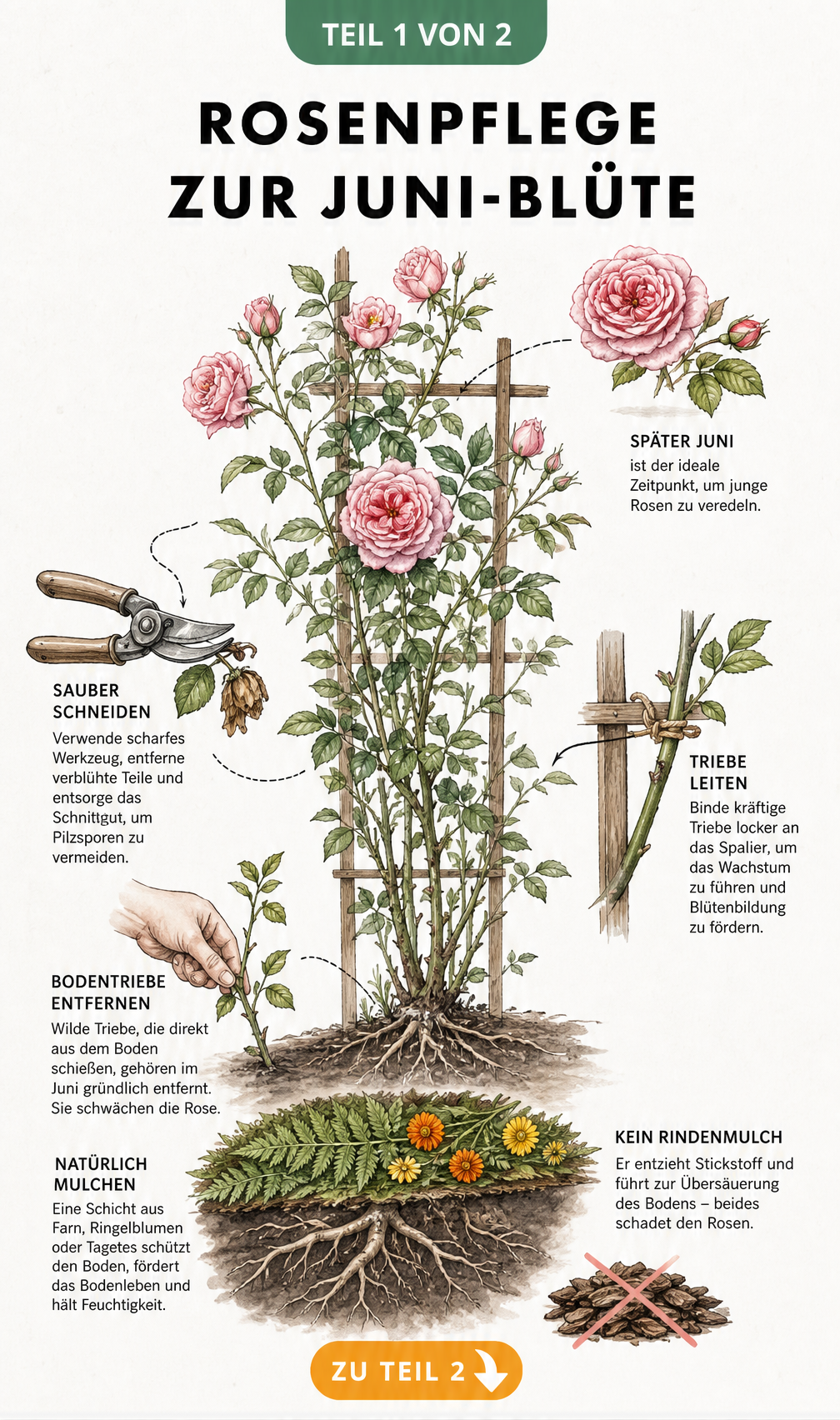 Botanische Illustration eines blühenden Rosenstrauchs am Holzspalier mit Pflegehinweisen zum Rosenschnitt und zur Veredelung im Juni