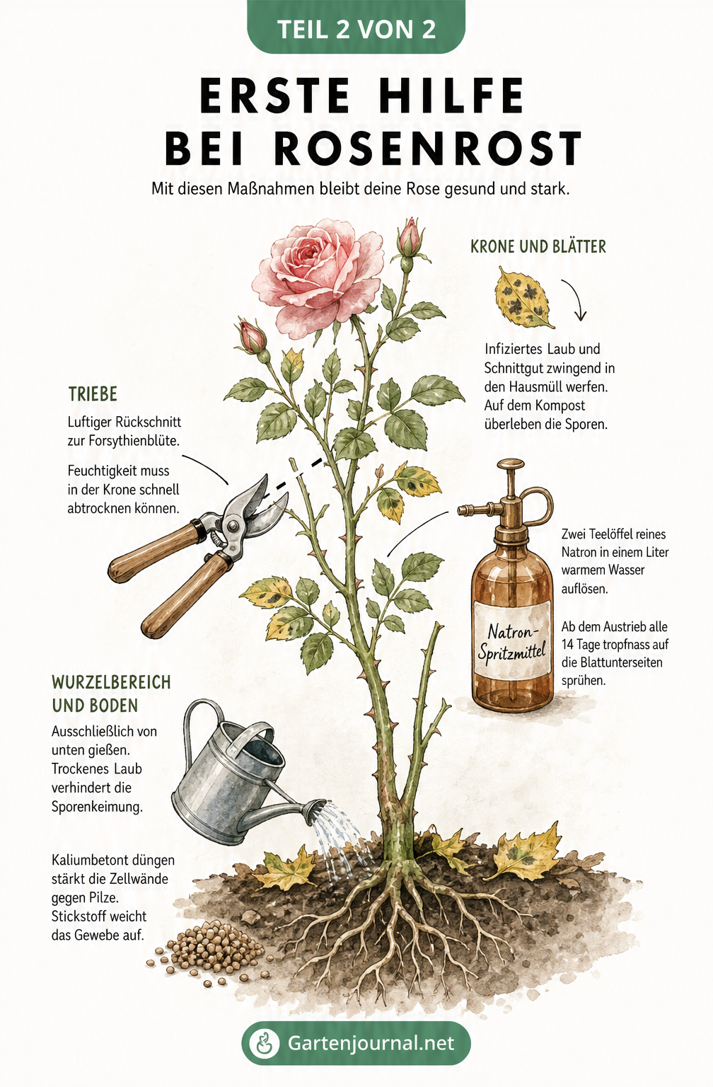 Illustration eines Rosenstocks mit Pflegeschritten gegen Rosenrost