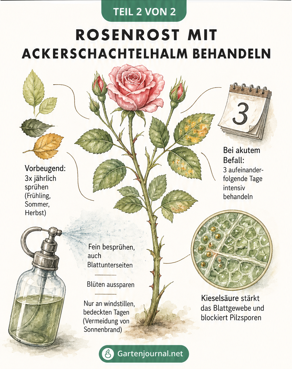 Illustration zur Anwendung von Ackerschachtelhalm-Brühe an Rosen zur Vorbeugung und Akutbehandlung