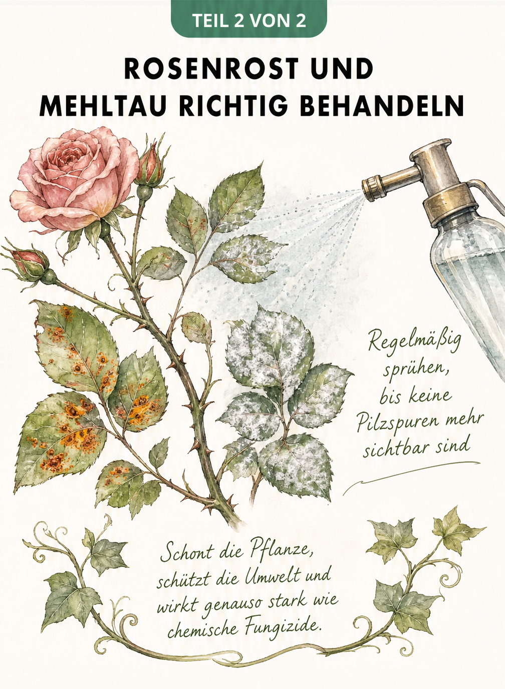 Zeichnung eines Rosenzweigs mit Rosenrost und Mehltau, der mit einem natürlichen Sprühnebel behandelt wird