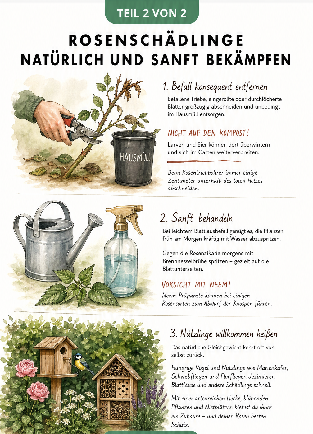 Illustration zur natürlichen Bekämpfung von Rosenschädlingen: Befallene Triebe abschneiden, mit Wasser oder Brennnesselbrühe spritzen und Nützlinge fördern.