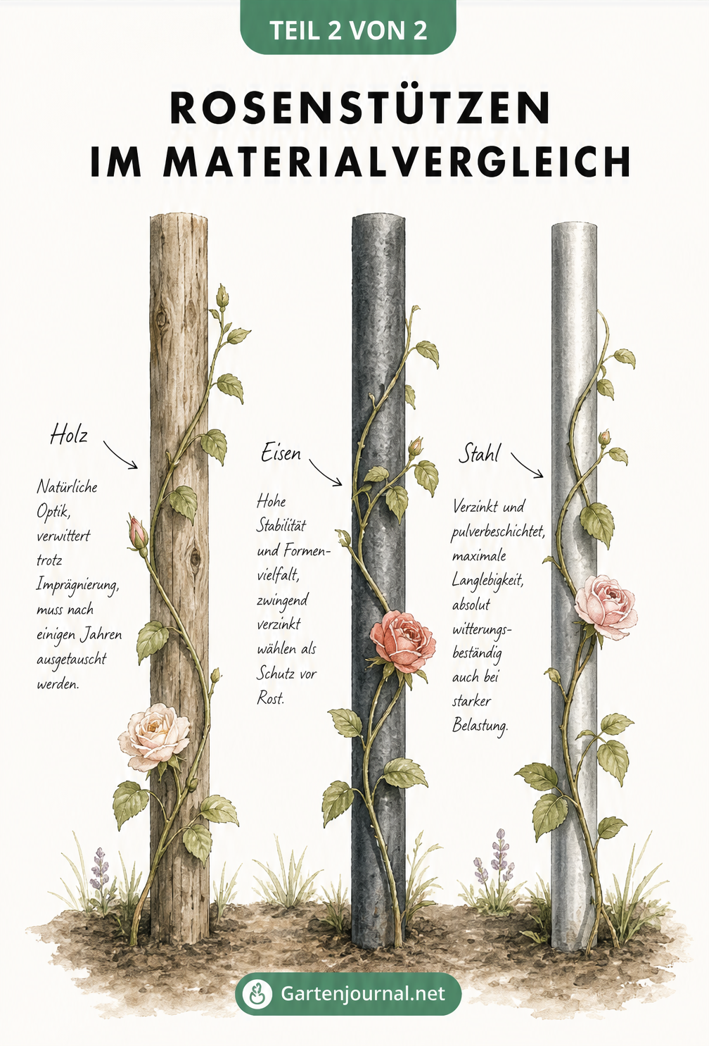 Vergleich von drei Materialien für Rosenstützen: Holz, Eisen und Stahl mit Erklärungen zu Haltbarkeit und Optik.
