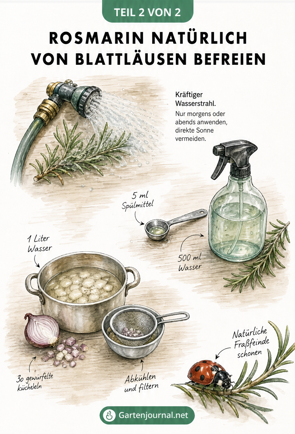 Illustration von natürlichen Hausmitteln gegen Blattläuse am Rosmarin: Wasserstrahl, Seifenlösung und Zwiebelsud