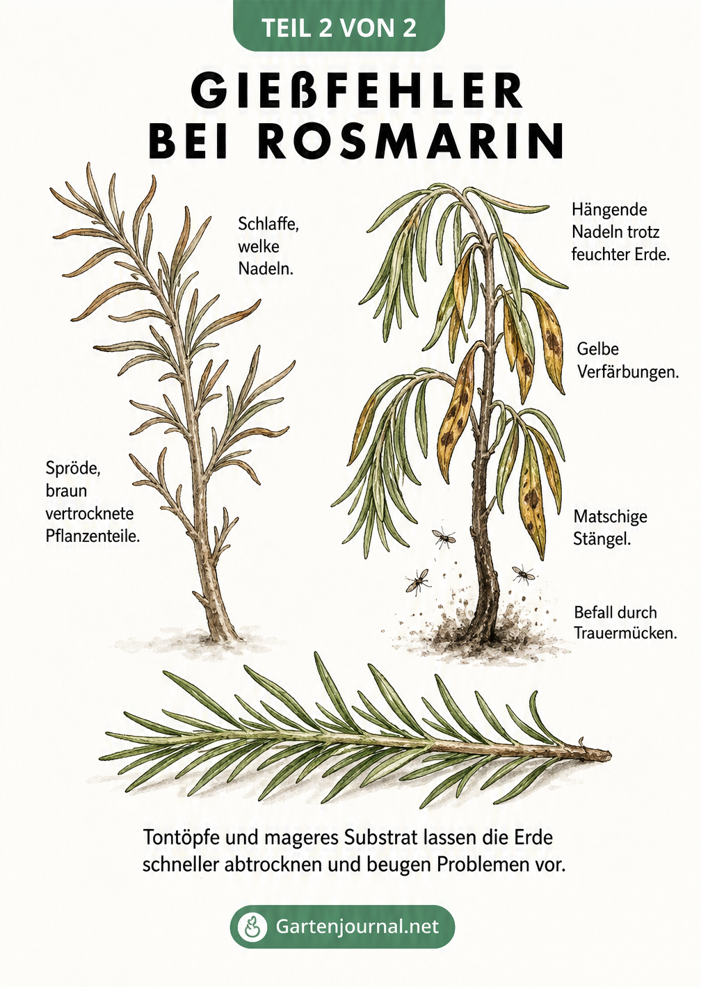 Zwei Rosmarinzweige im Vergleich: Links vertrocknet mit schlaffen Nadeln, rechts überwässert mit hängenden, gelben Nadeln und Trauermücken.