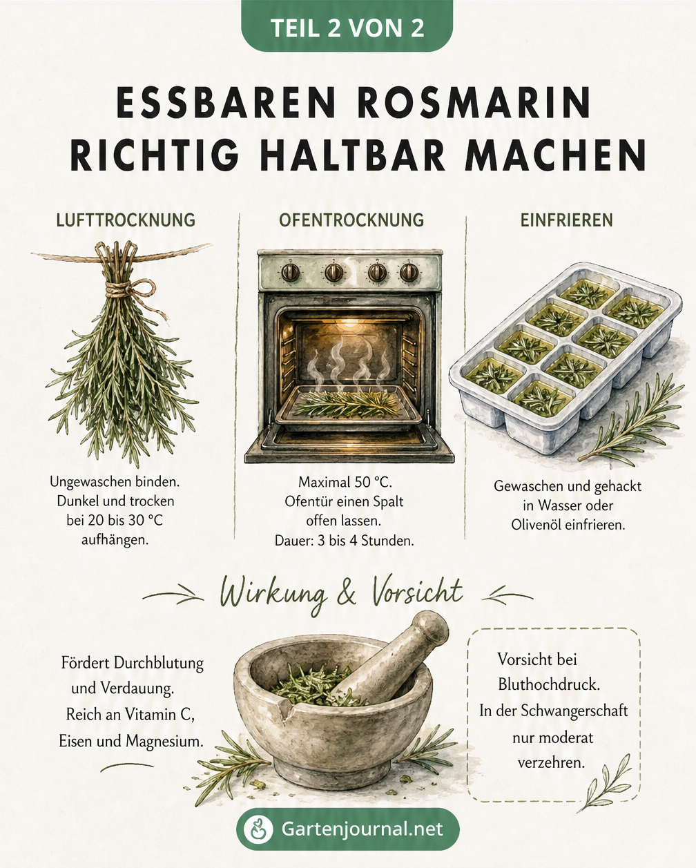 Illustration im Vintage-Apotheker-Stil, die Methoden zum Haltbarmachen von Rosmarin wie Lufttrocknung, Ofentrocknung und Einfrieren sowie dessen...