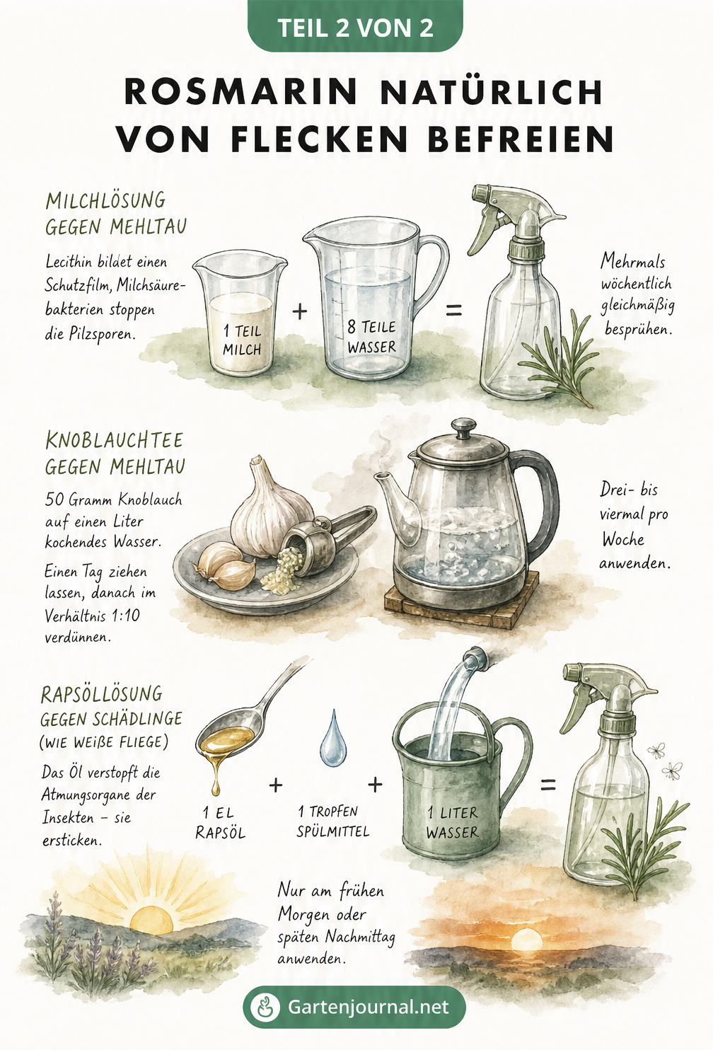 Aquarell-Illustration von drei natürlichen Hausmitteln gegen Flecken am Rosmarin: Milchlösung, Knoblauchtee und Rapsöllösung mit genauen Dosierungsangaben.