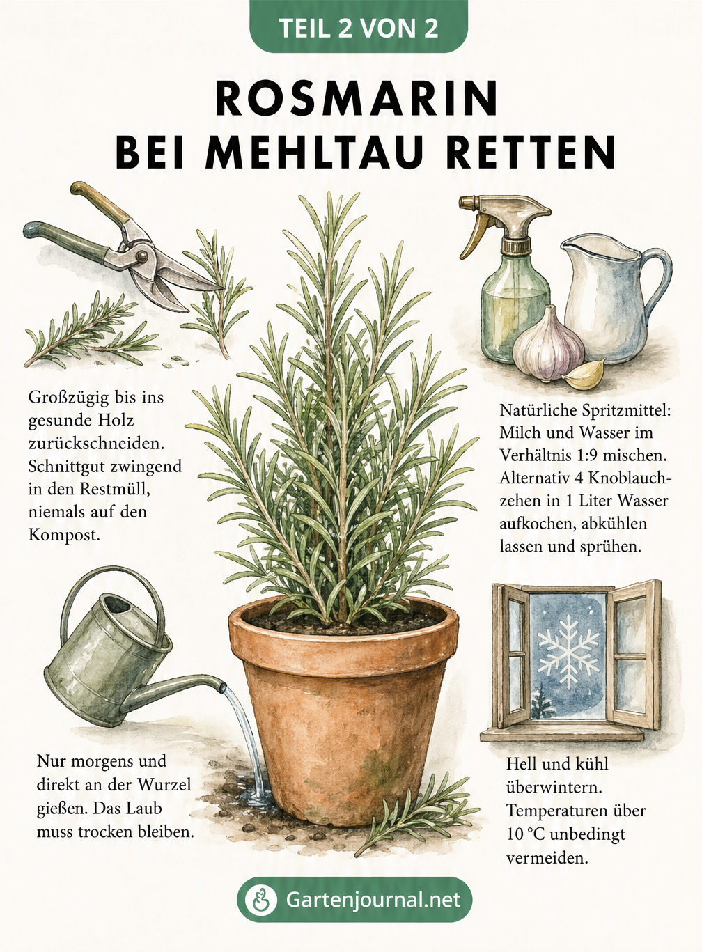Illustration zur Rettung von Rosmarin bei Mehltau: Rückschnitt, natürliche Spritzmittel, richtiges Gießen und Überwintern