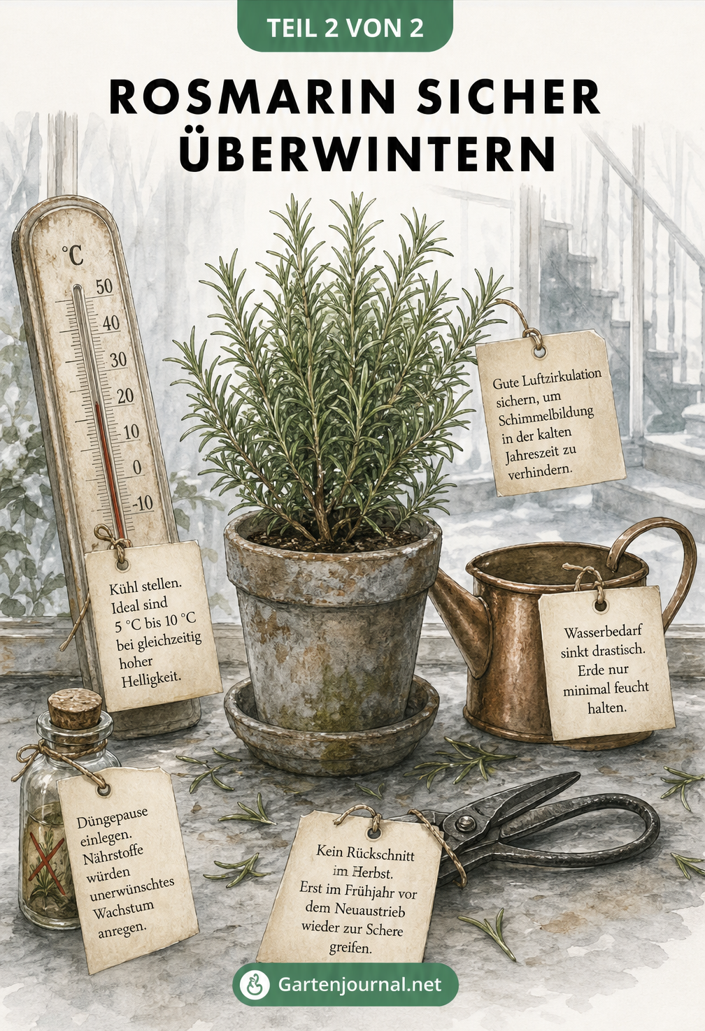 Illustration eines Rosmarins mit Vintage-Thermometer und Notizzetteln, die Tipps zur Überwinterung wie Temperatur, Gießen und Düngen zeigen.