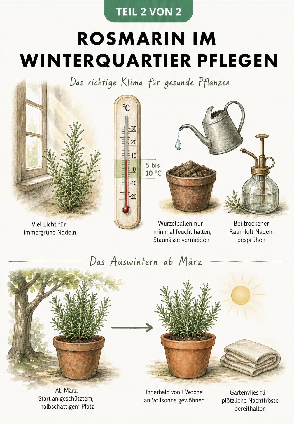 Illustration zur Pflege von Rosmarin im Winterquartier mit Thermometer und Gießkanne