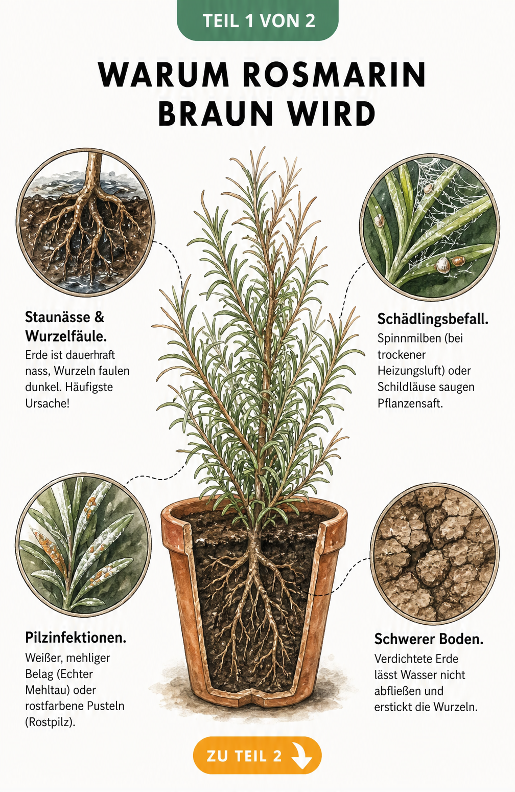 Illustration einer Rosmarinpflanze mit Lupen, die Ursachen für braune Nadeln wie Staunässe, Schädlinge, Pilze und schweren Boden zeigen