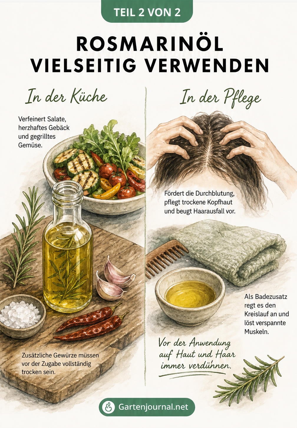 Zweiteilige Illustration zur Verwendung von Rosmarinöl in der Küche für Salate und Gemüse sowie in der Pflege für Kopfhaut und Haare