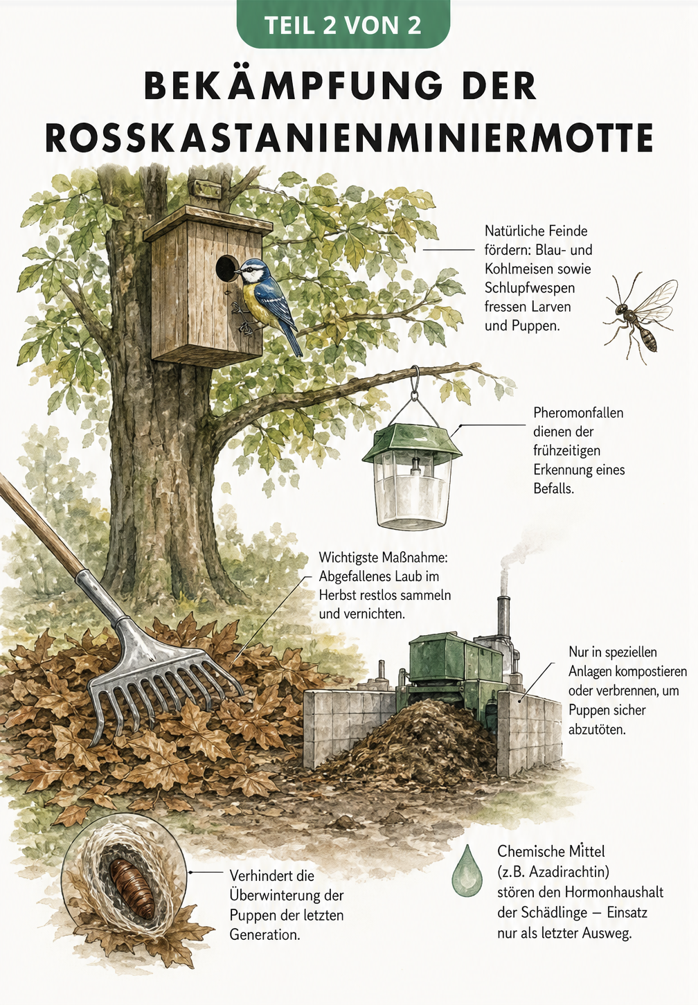 Illustration zur Bekämpfung der Rosskastanienminiermotte mit Laubrechen, Nistkasten für Meisen und Pheromonfalle