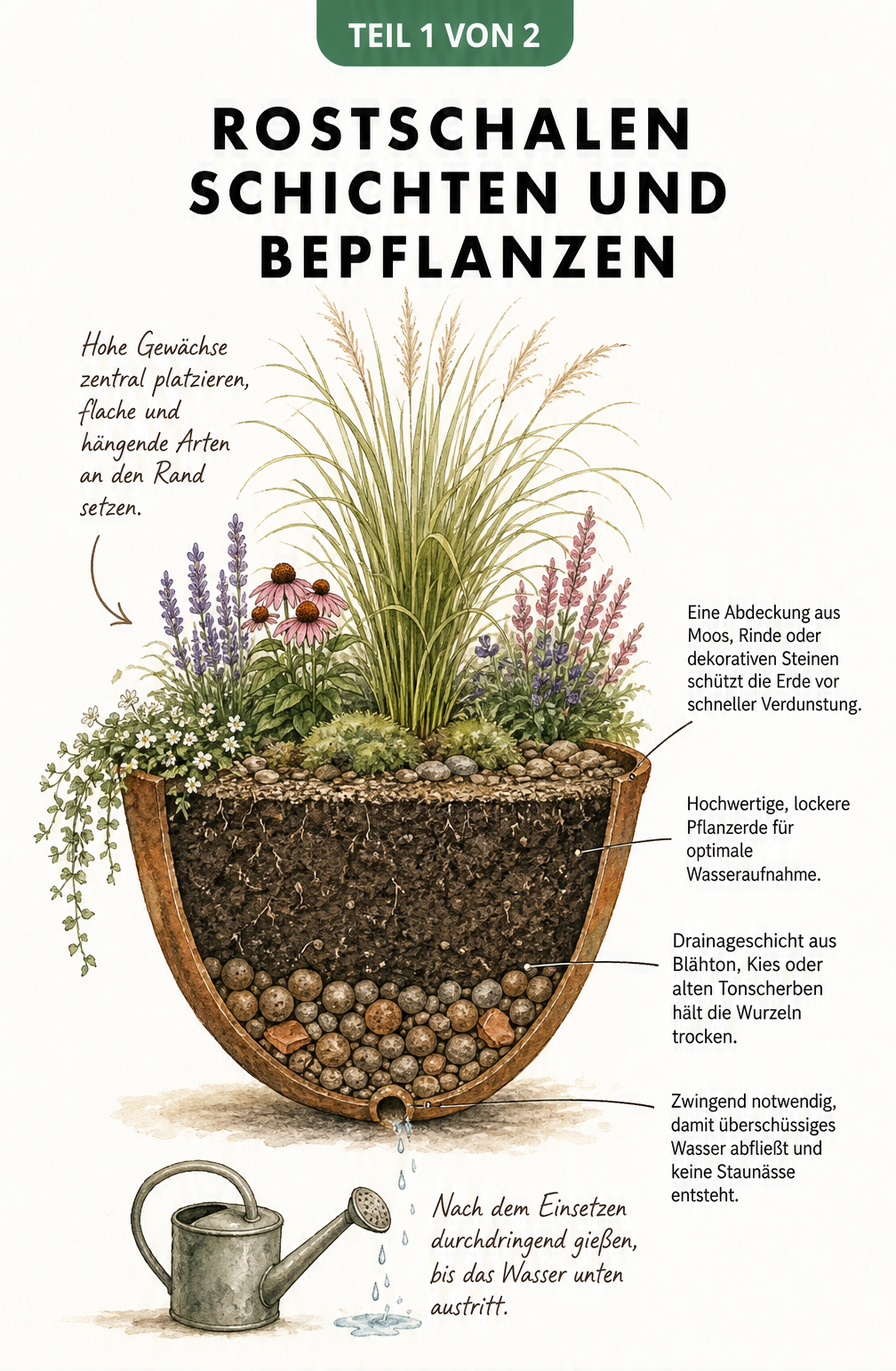 Schnittdarstellung einer Rostschale mit Erdschichten, Drainage und Bepflanzung