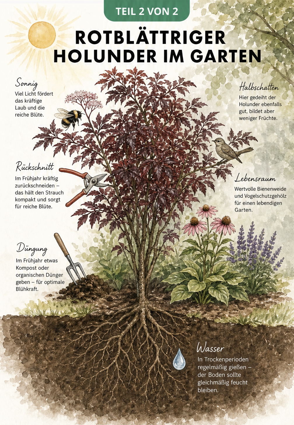 Querschnitt eines Gartenbeets mit einem rotblättrigen Holunderstrauch, der Standort, Boden und Pflege zeigt