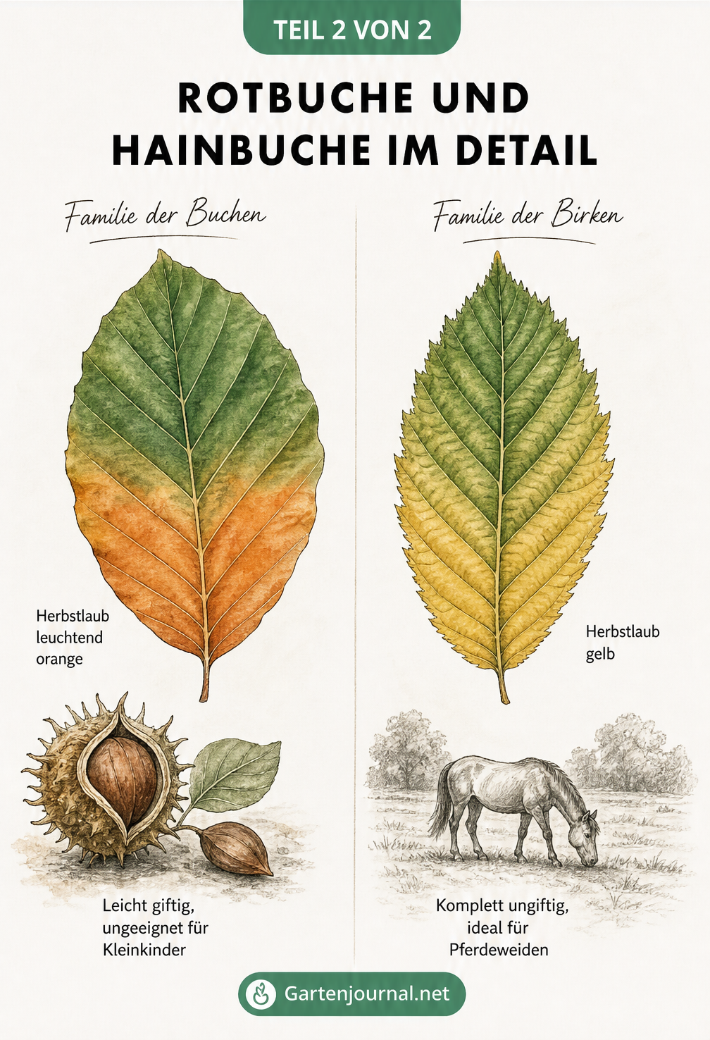 Botanische Illustration der Blätter von Rotbuche und Hainbuche mit Herbstfärbung sowie Buchecker und Pferd