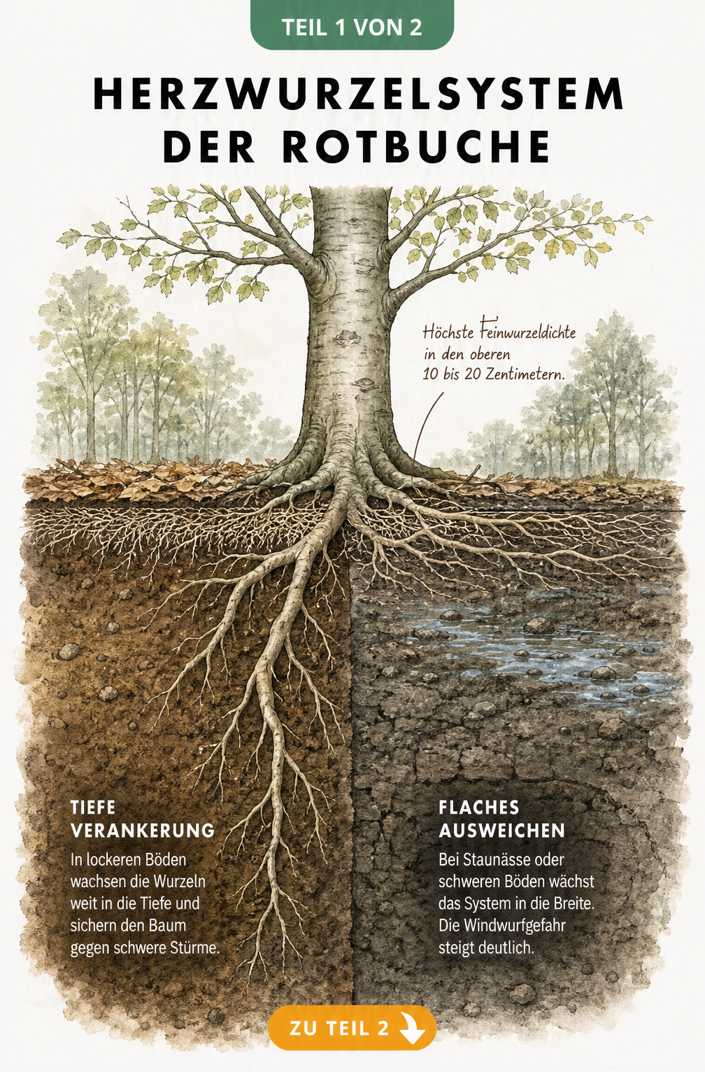 Illustration des Herzwurzelsystems der Rotbuche in lockerem und verdichtetem Boden