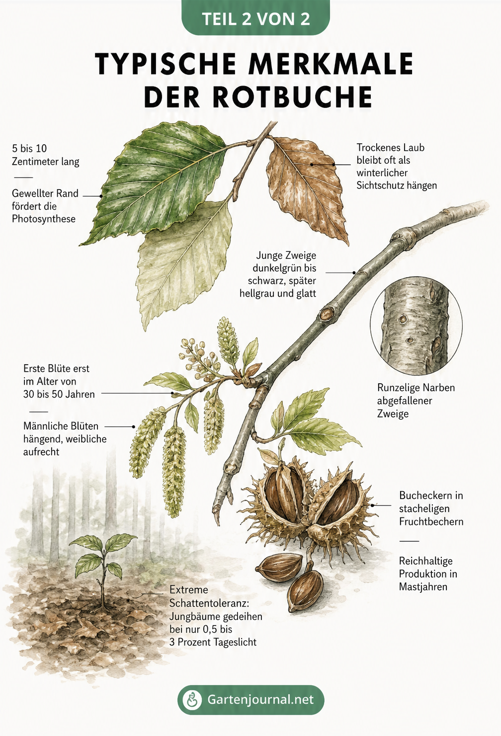 Detailreiche Skizze eines Rotbuchenzweigs mit Sommer- und Winterblättern, Rindenstruktur, männlichen und weiblichen Blüten sowie Bucheckern in stacheligen...