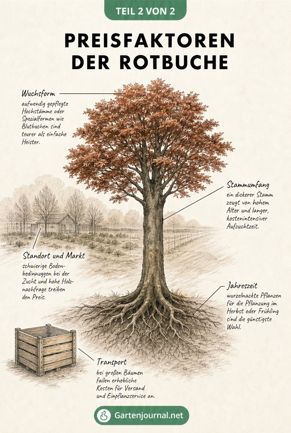 Botanische Lehrtafel einer Rotbuche mit Erklärungen zu Preisfaktoren wie Wuchsform, Stammumfang und Jahreszeit