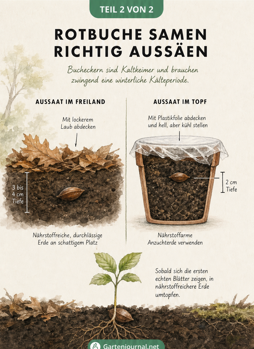 Vergleich der Aussaat von Rotbuchen-Samen im Freiland und im Topf