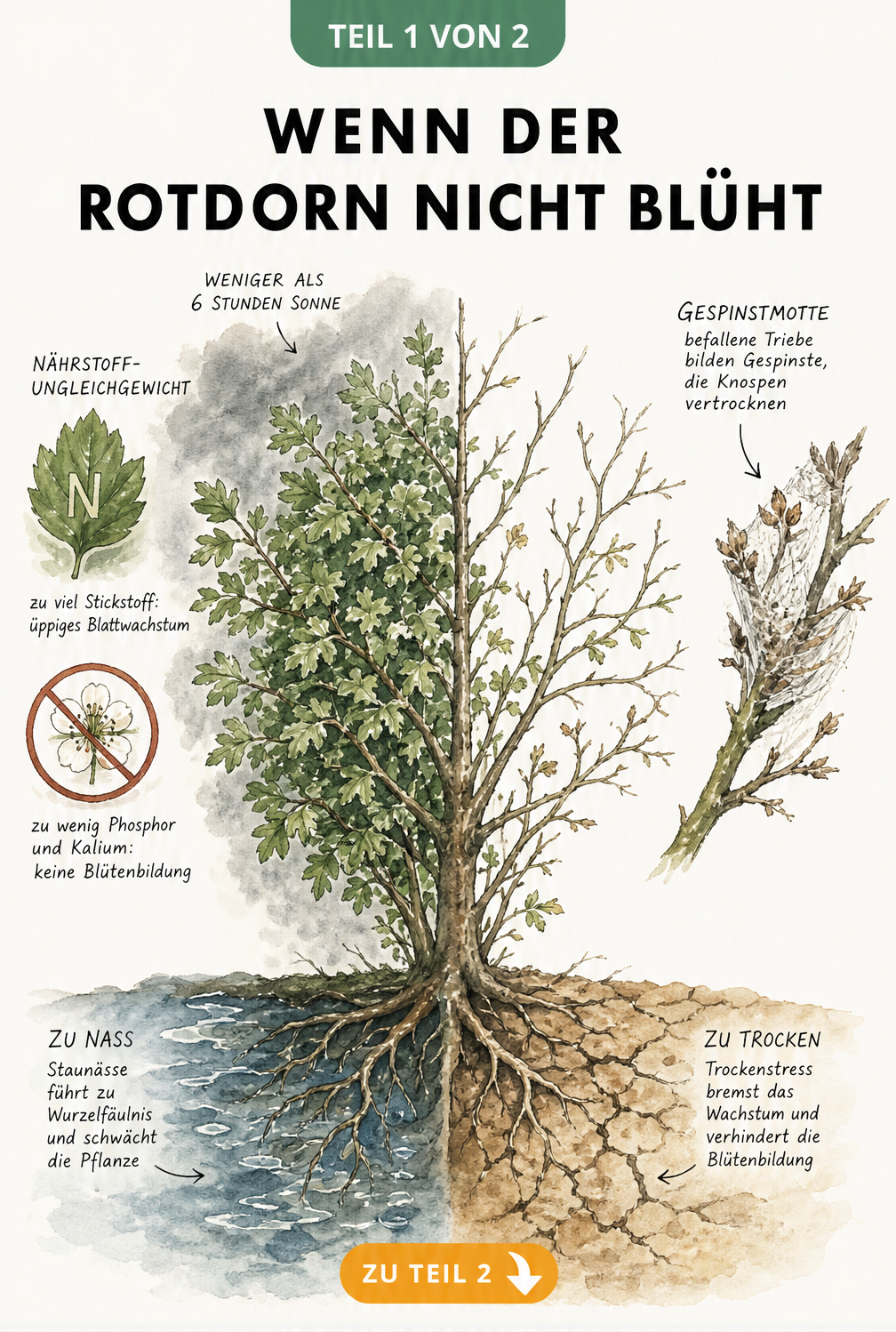 Botanische Illustration eines Rotdorns, die Ursachen für fehlende Blüten wie Nährstoffmangel, Schädlinge und Staunässe zeigt