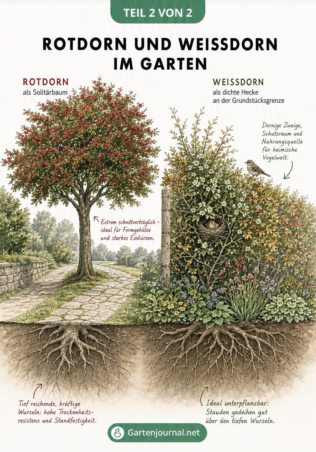 Gartenskizze mit Rotdorn als Solitärbaum und Weißdorn als Hecke mit Wurzelwerk