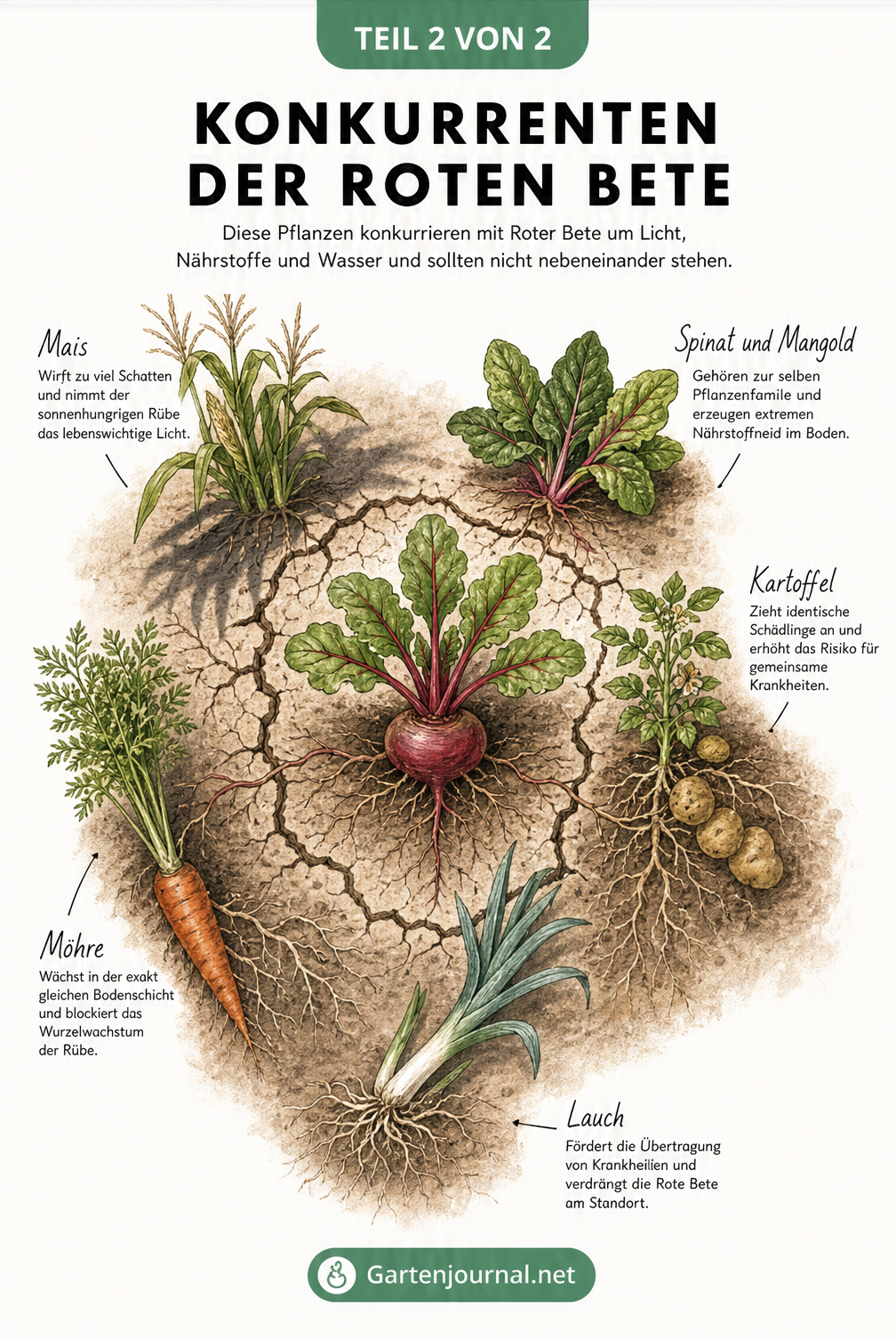 Illustration eines Gartenbeets mit Roter Bete und fünf ungeeigneten Nachbarpflanzen wie Mais, Spinat, Kartoffel, Möhre und Lauch