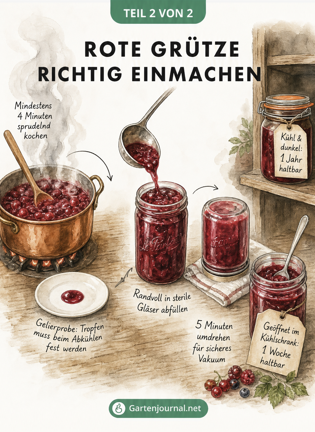 Schritt-für-Schritt Illustration zum Einmachen von Roter Grütze vom Kochen bis zum Abfüllen