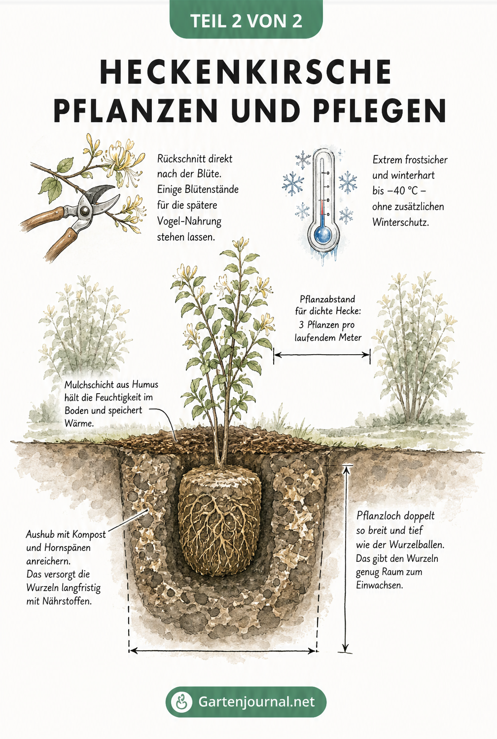 Querschnitt-Zeichnung eines Gartenbeets mit einer frisch gepflanzten Roten Heckenkirsche, Pflanzloch, Mulchschicht und Pflegetipps