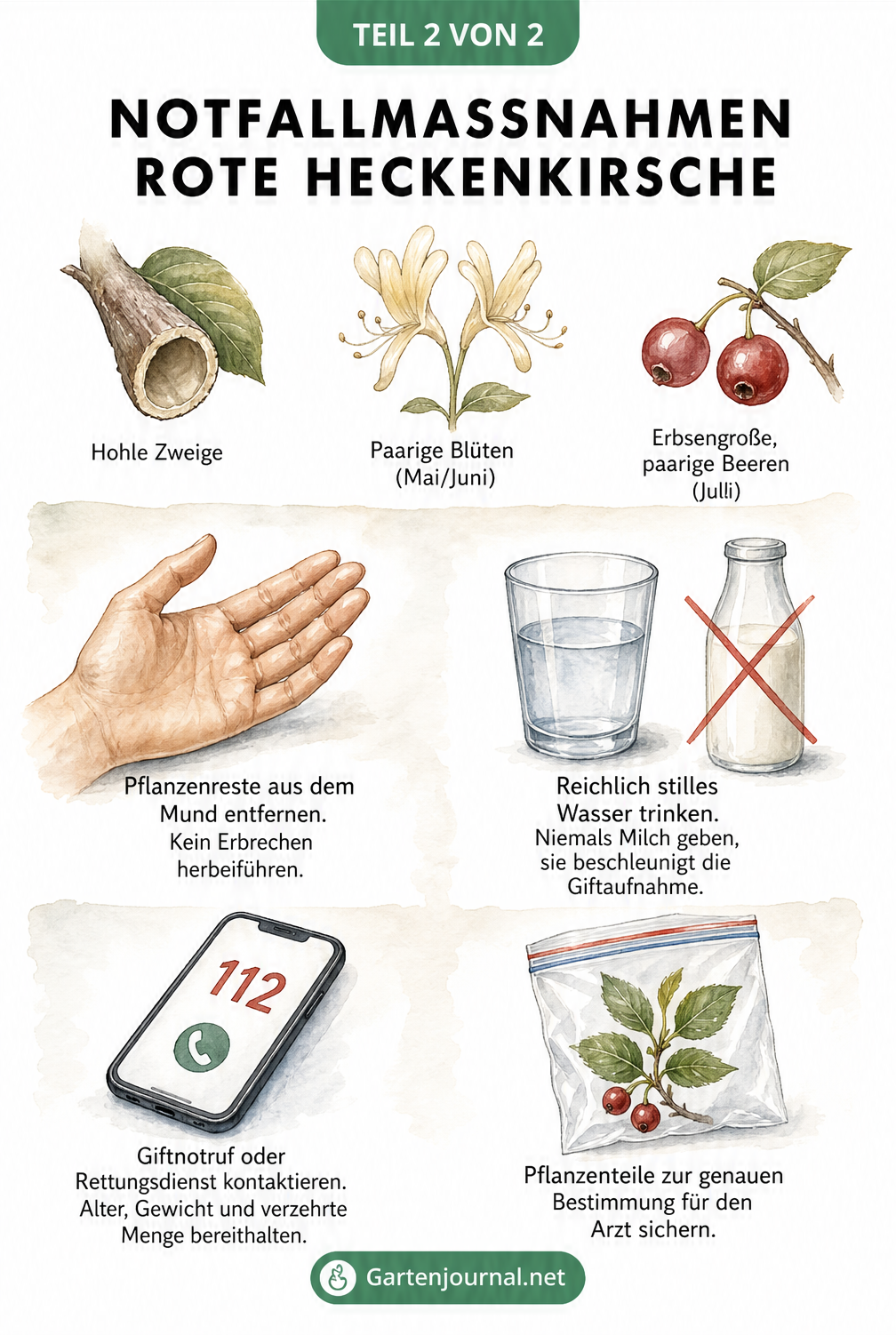 Illustration zur Ersten Hilfe bei Vergiftung durch die Rote Heckenkirsche: Pflanzenreste entfernen, Wasser trinken, Giftnotruf wählen und Pflanzenteile sichern.