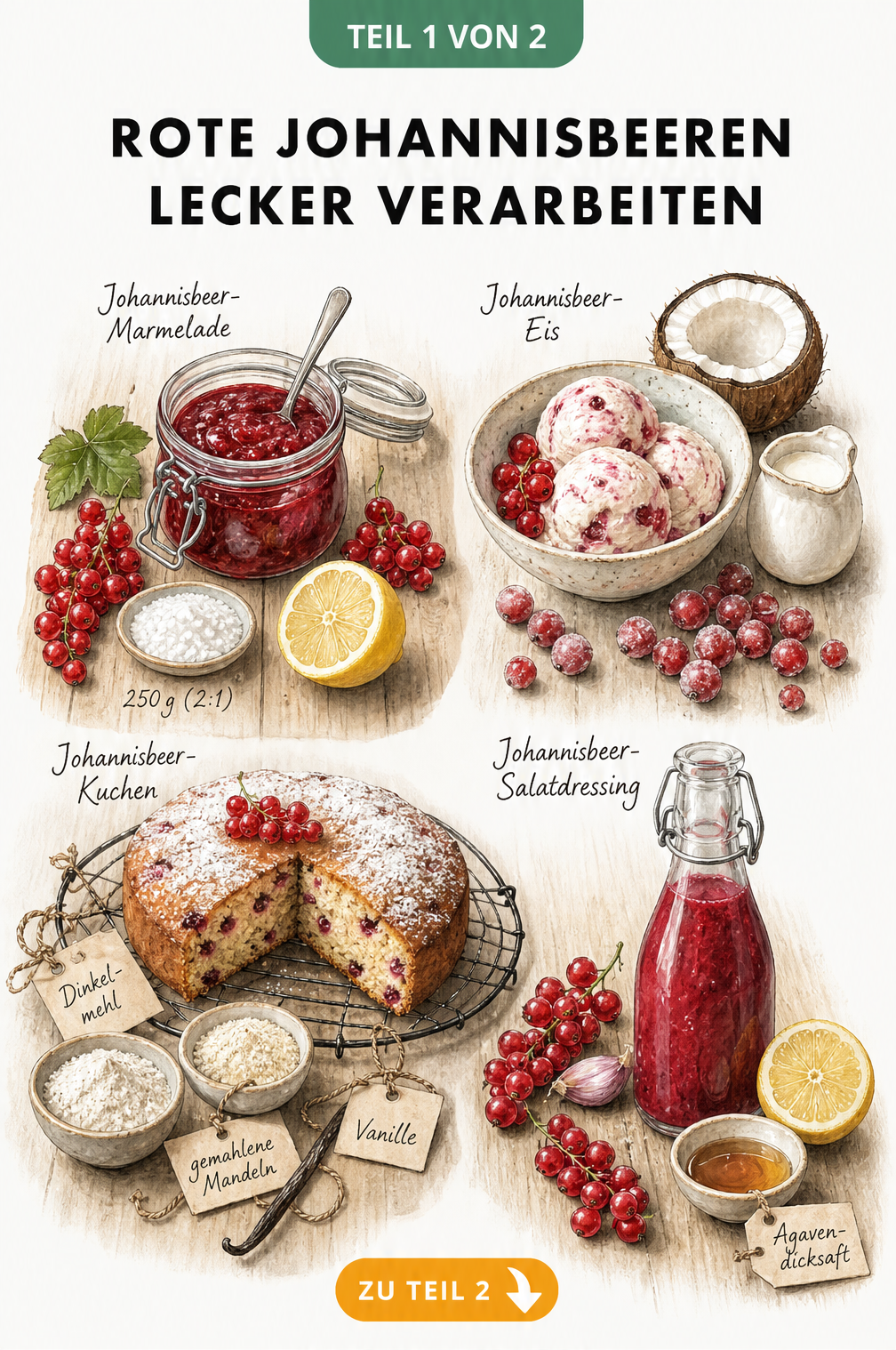 Illustration von vier Rezepten mit roten Johannisbeeren: Marmelade, Eis, Kuchen und Salatdressing mit den jeweiligen Zutaten