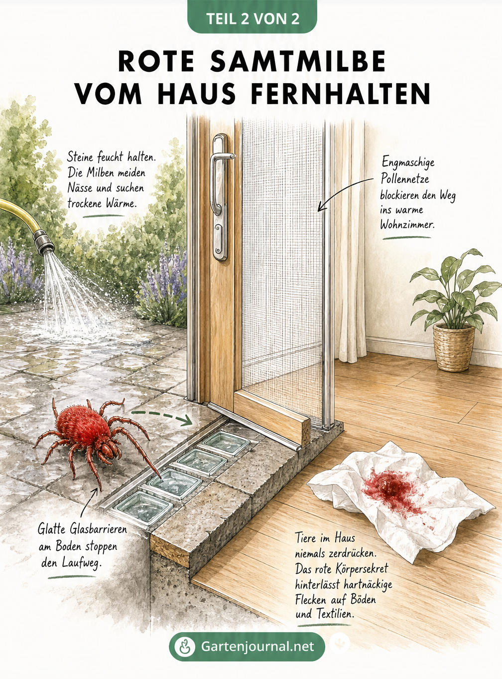 Schnittzeichnung einer Terrassentür mit Tipps, wie man Rote Samtmilben durch Feuchtigkeit, Glasbarrieren und Pollennetze vom Haus fernhält
